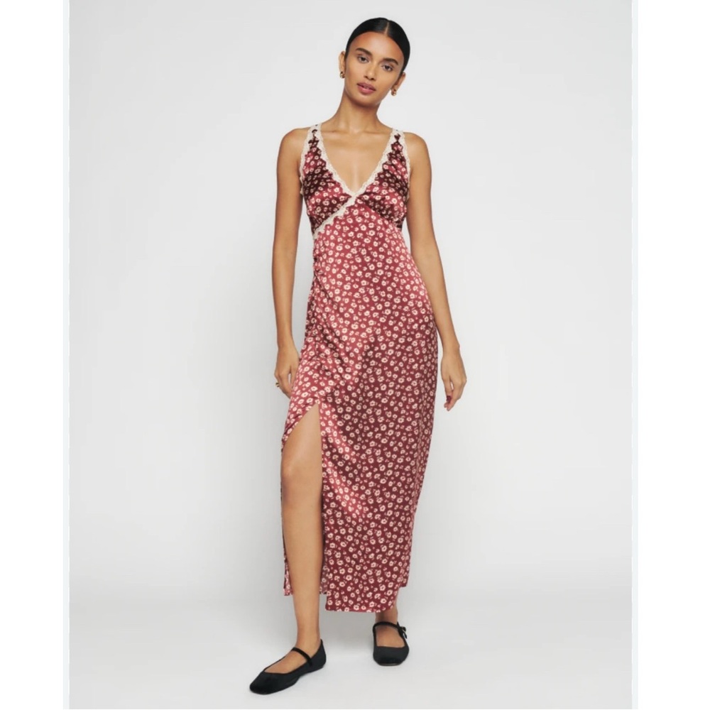 Reformation Red Floral Slip Dress with Cream Lace Trim